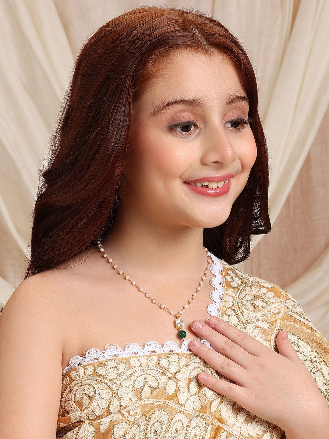 Ruby Raang Girls Gold-Plated Kundan Studded & Pearls Beaded Hexagon Shape Chain
