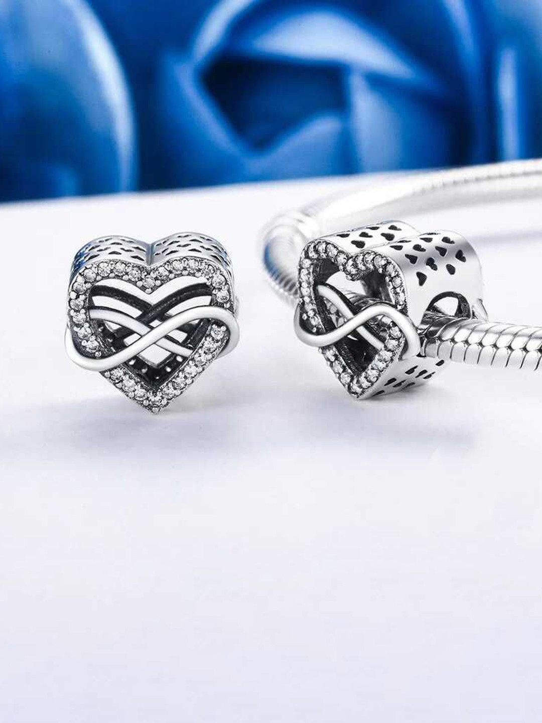 Bling Queen Silver-Plated Cubic Zirconia-Studded Infinity Heart Charm Bangle Bracelet