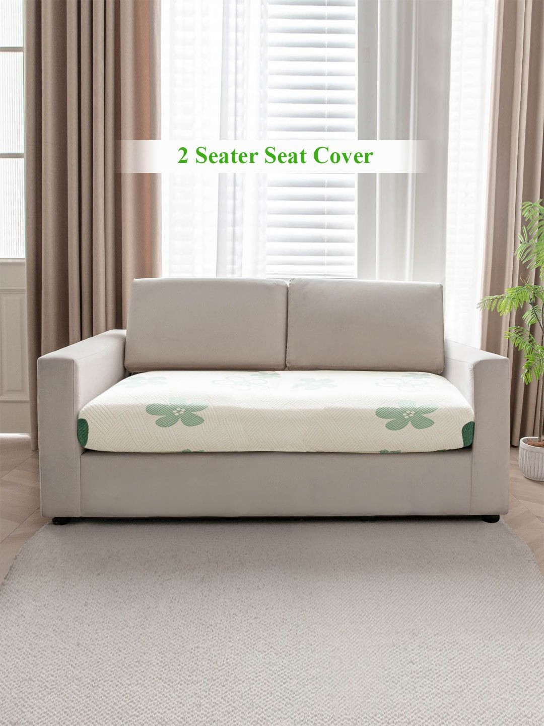 HOKIPO Green & Off White Floral Printed Fleece 2 Seater Sofa Seat Cover