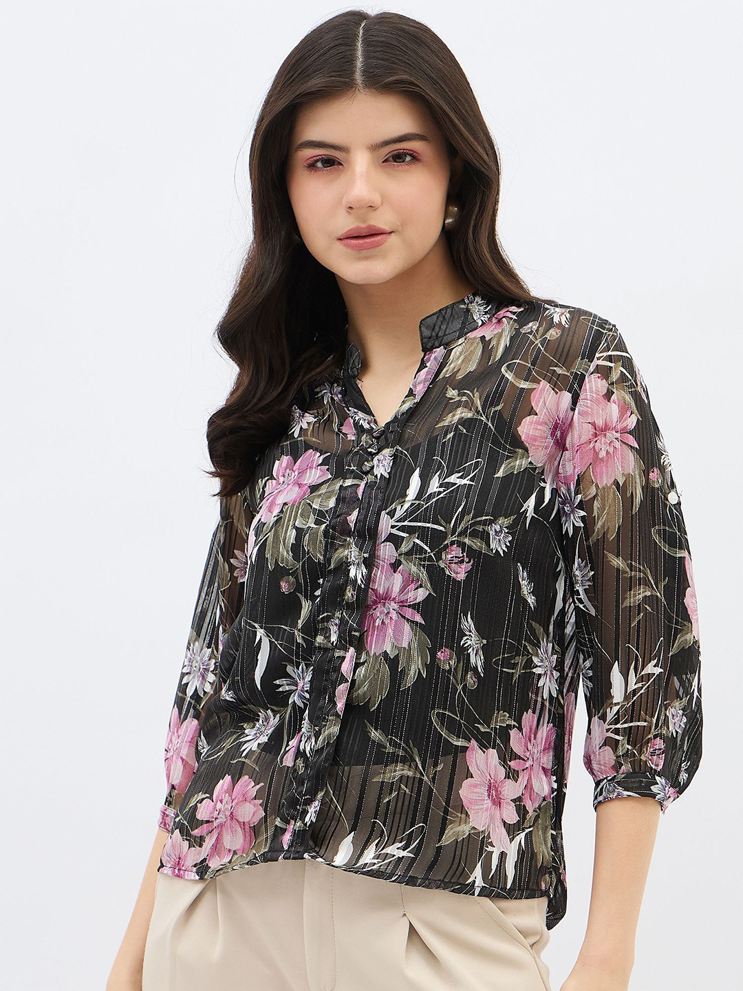 Mayra Floral Print Semi Sheer Mandarin Collar Shirt Style Top