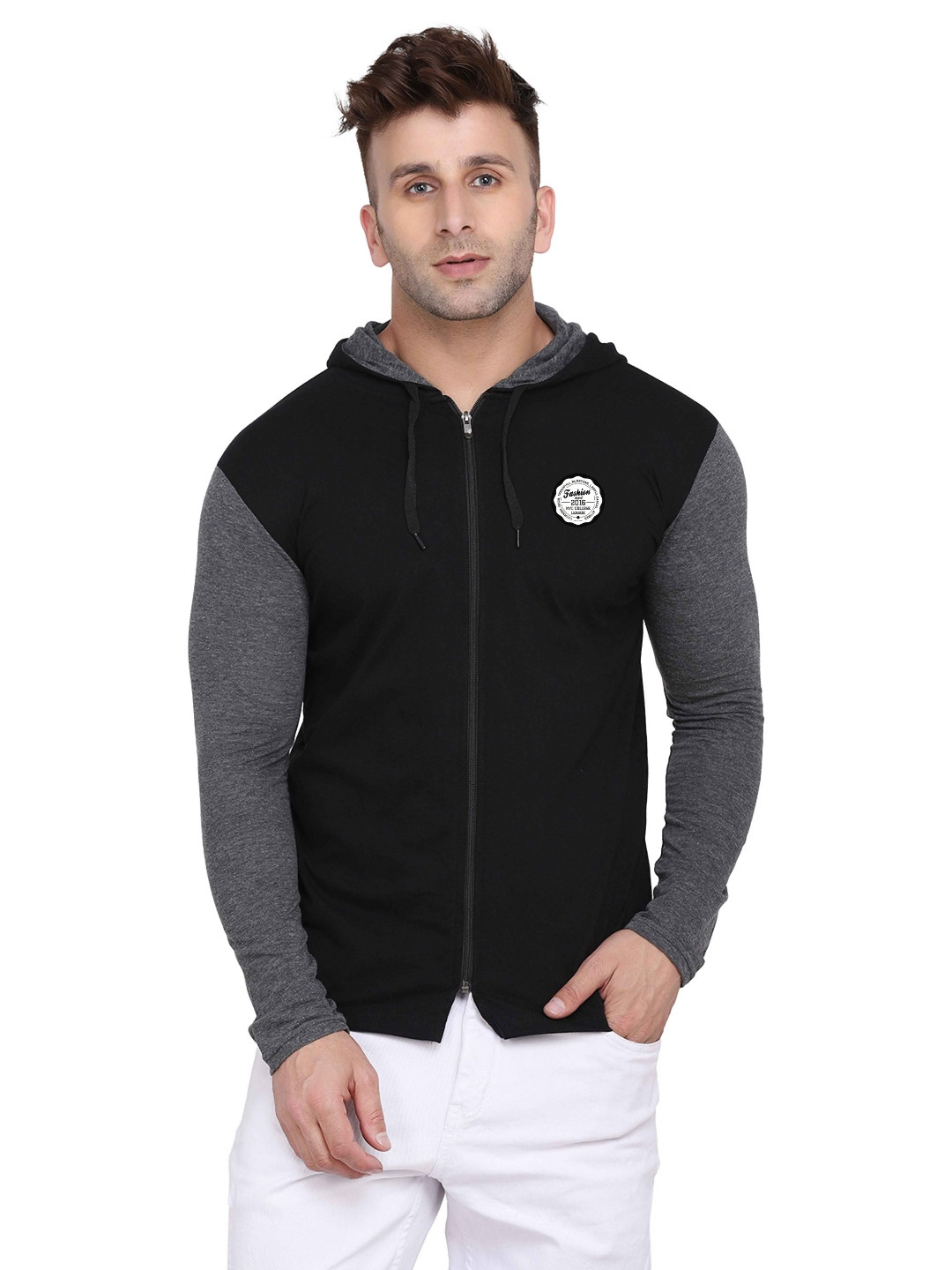 Blisstone Men's Black Self Design Hooded Cotton T-shirt