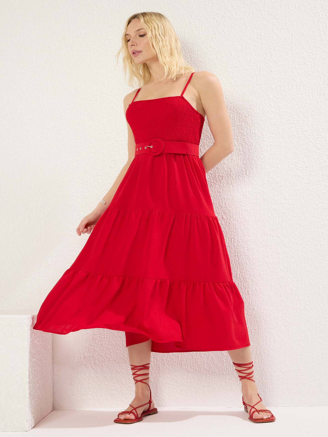 Trendyol Krmz Shoulder Straps Fit & Flare Midi Dress