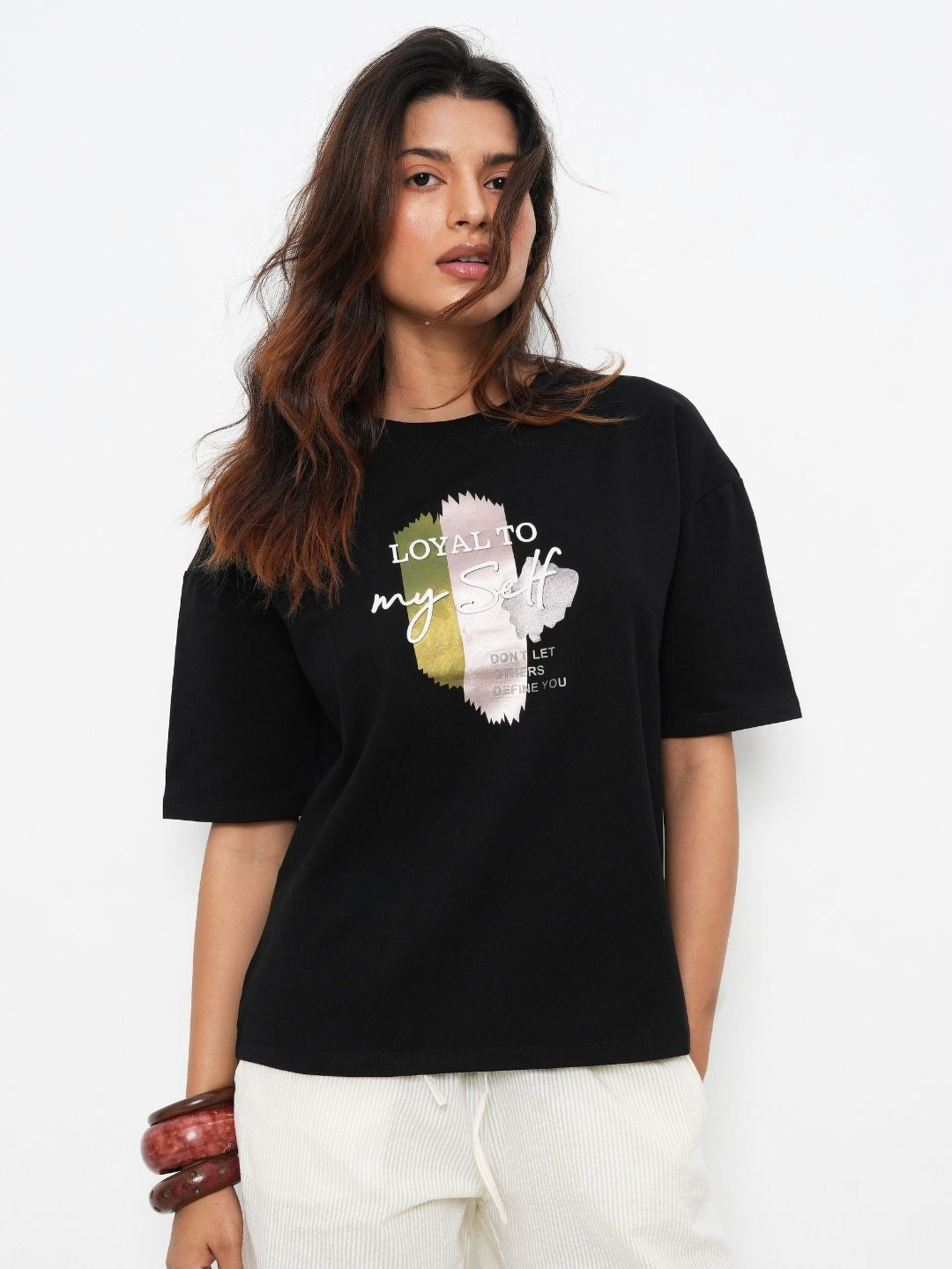 Bonnaty Women Printed Pure Cotton OverSized T-shirt