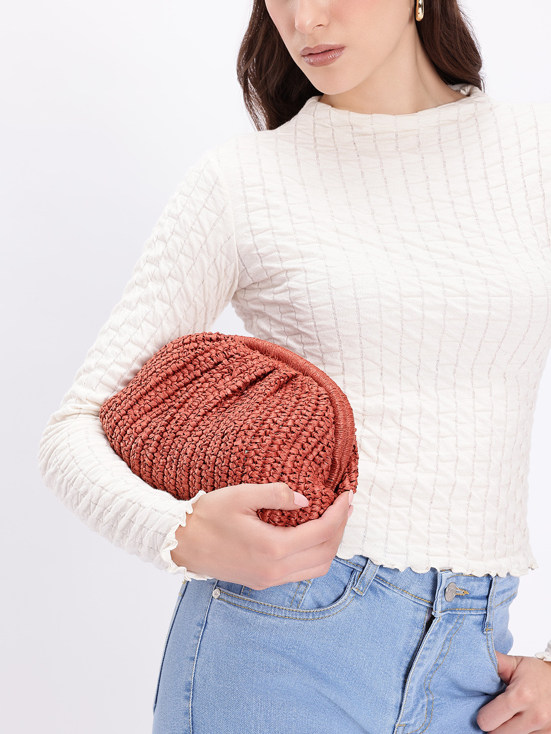 MANGO Basket Weave Textured Half Moon Clutch with Sling Chain Strap