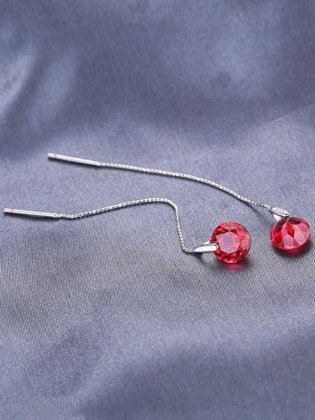 Bling Queen Silver-Plated Stones-Studded Threader Drop Earrings