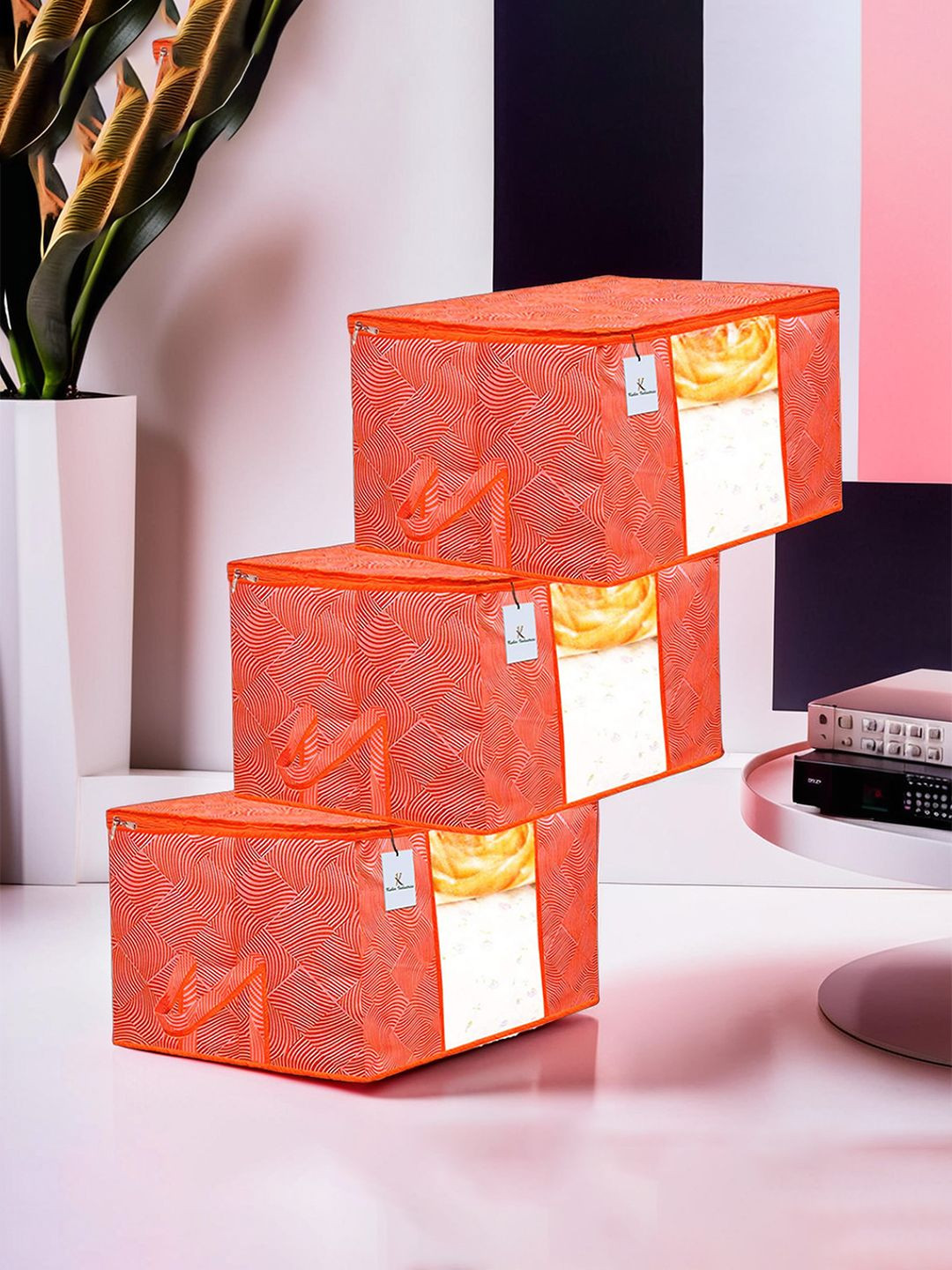 Kuber Industries Orange & White 3 Pieces Printed Drawer Organisers With Transparent Window