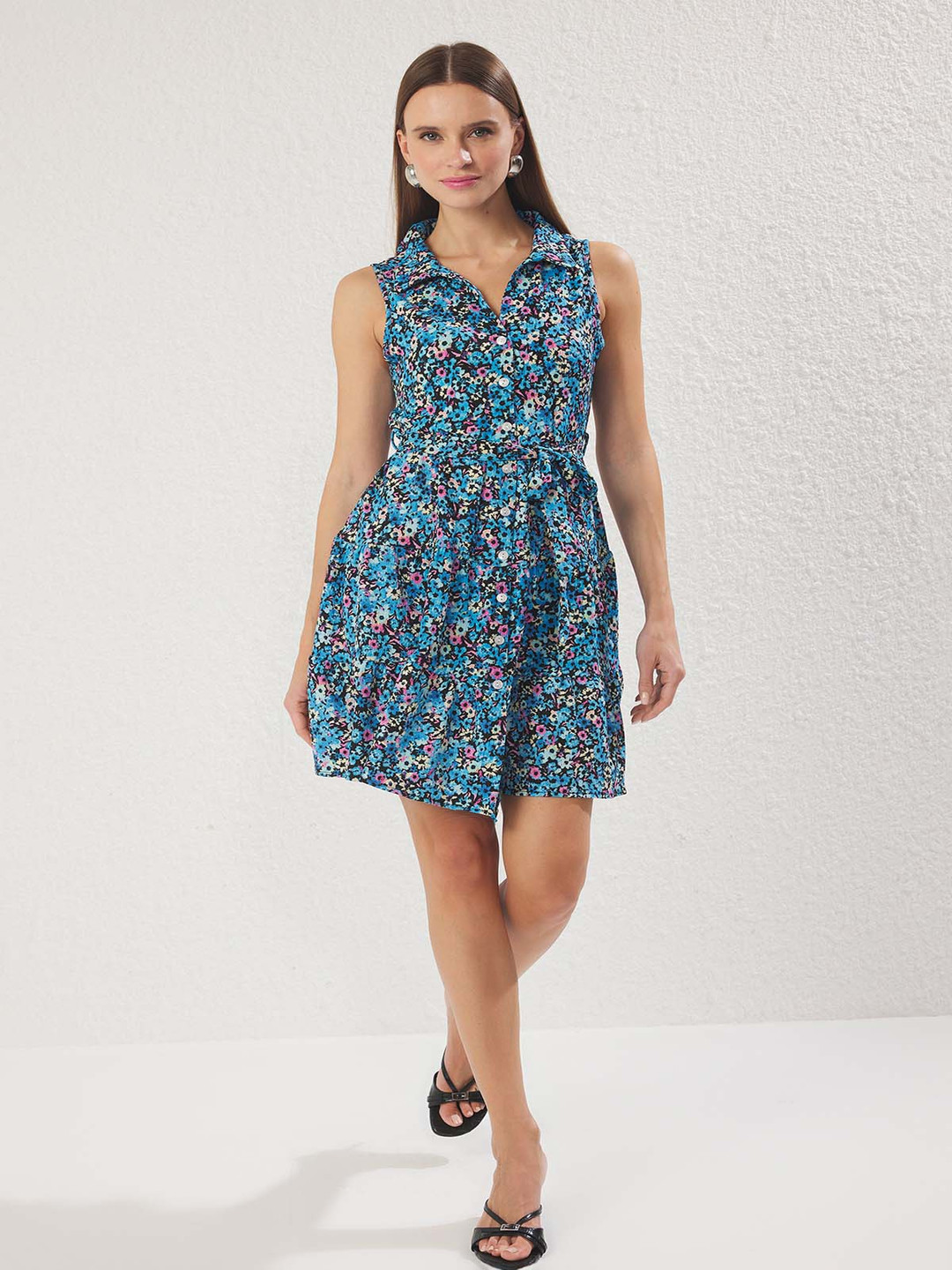 Trendyol Mavi Women Floral Printed Shirt Dress