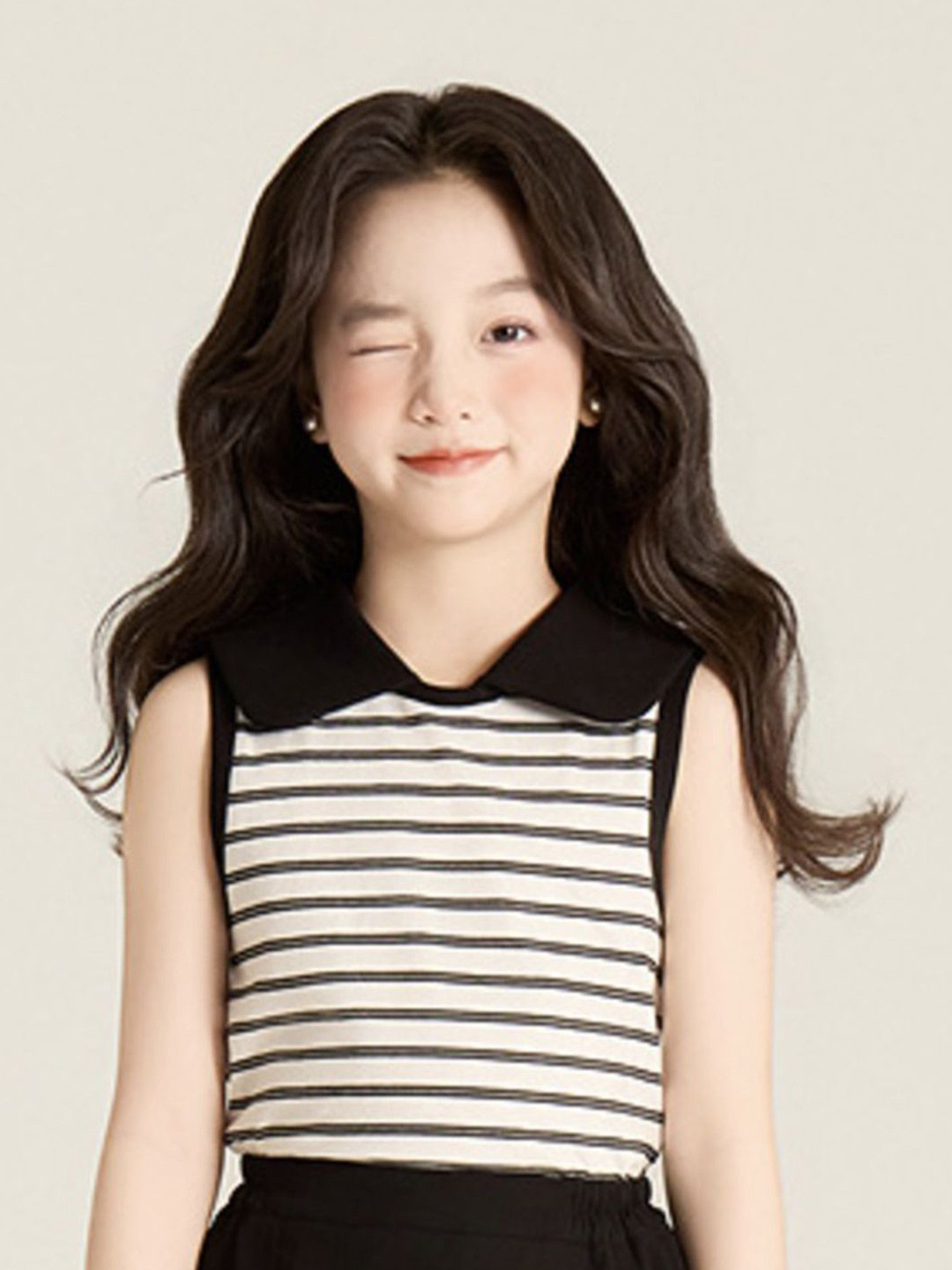 LULU & SKY Girls Striped Monochrome Collared Top