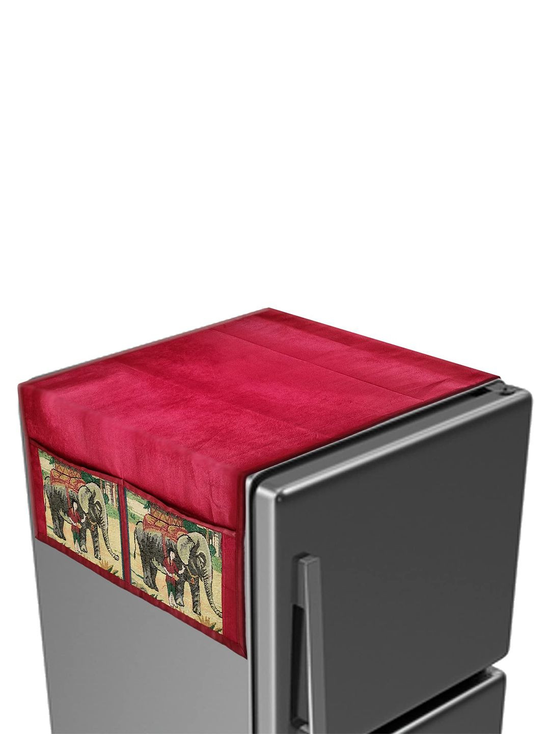 Kuber Industries Maroon Elephent Print Velvet Fridge Top Cover With 4 Utility Side Pockets