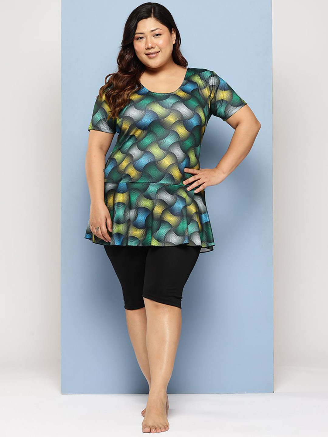 Aarika Printed Plus Size Swimming Dress With Swim Goggle
