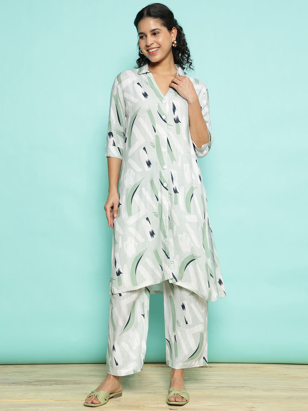 AC&F Printed Collar Neck Top With Trousers Co-Ords