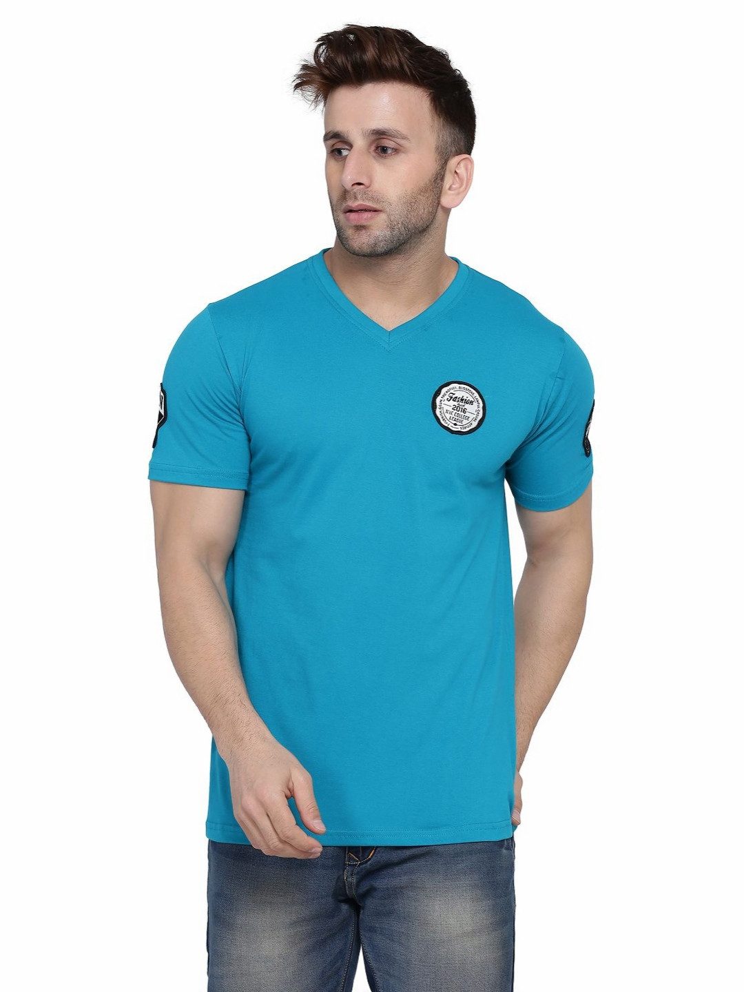 Blisstone Applique V-Neck Short Sleeves Cotton Slim Fit T-shirt