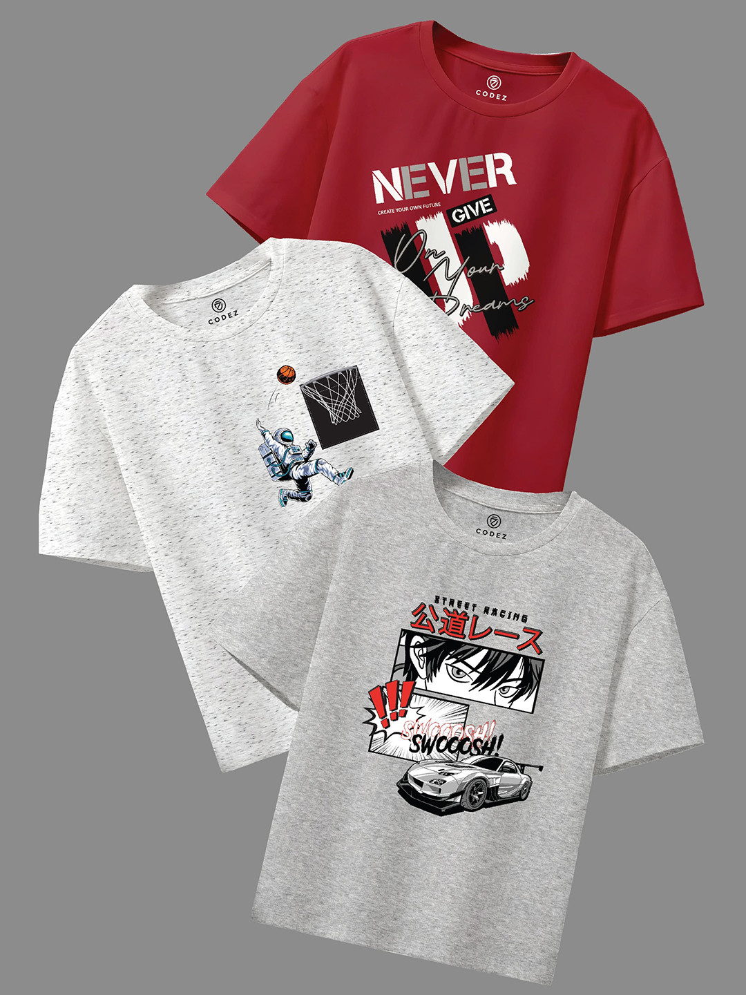 CODEZ Boys  Pack of 3 Self Design Round Neck T-shirt