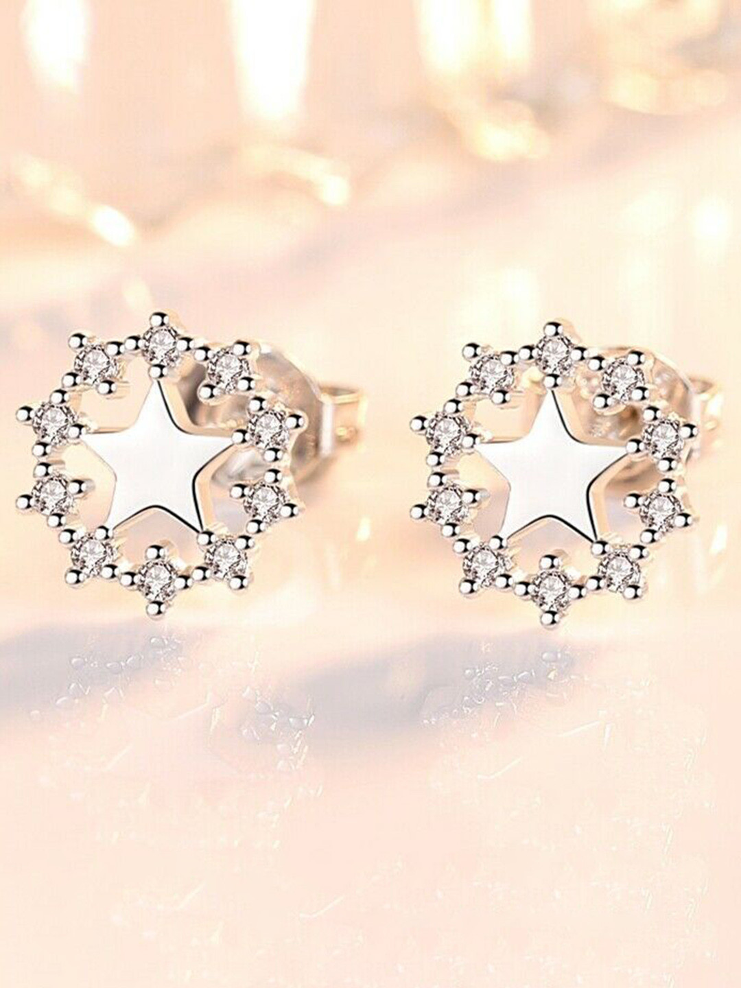 Bling Queen Silver-Plated Zirconia-Studded Christmas Flower Star Stud Earrings