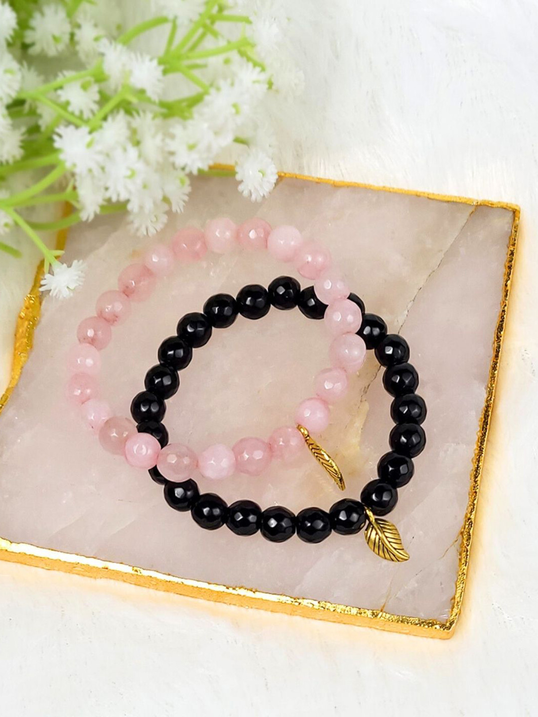 Calminds Set Of 2 Black Tourmaline & Rose Quartz Bracelets