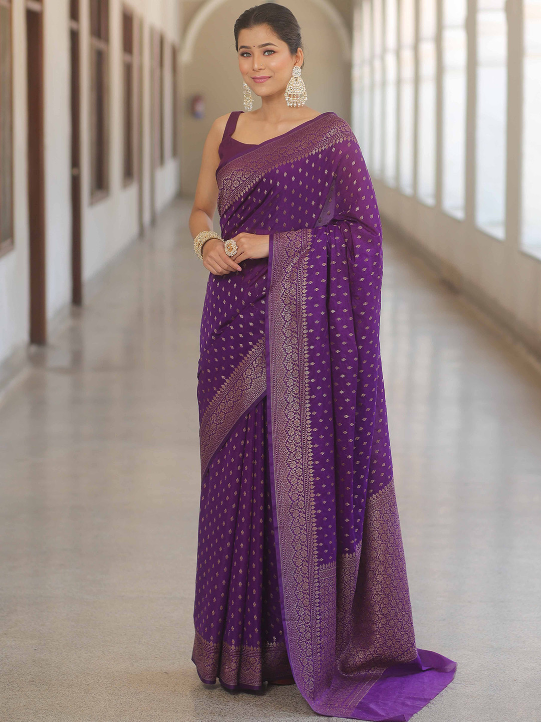 Banarasee Semi-Chiffon Saree With Antique Gold Zari Work