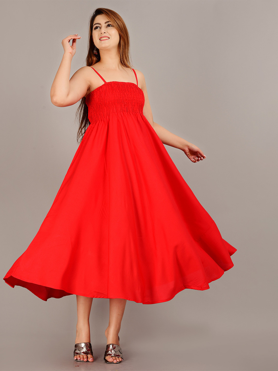 Aarti Fashion Women Smocked Detail Sleeveless Fit and Flare Rayon Western Wear Midi Dress