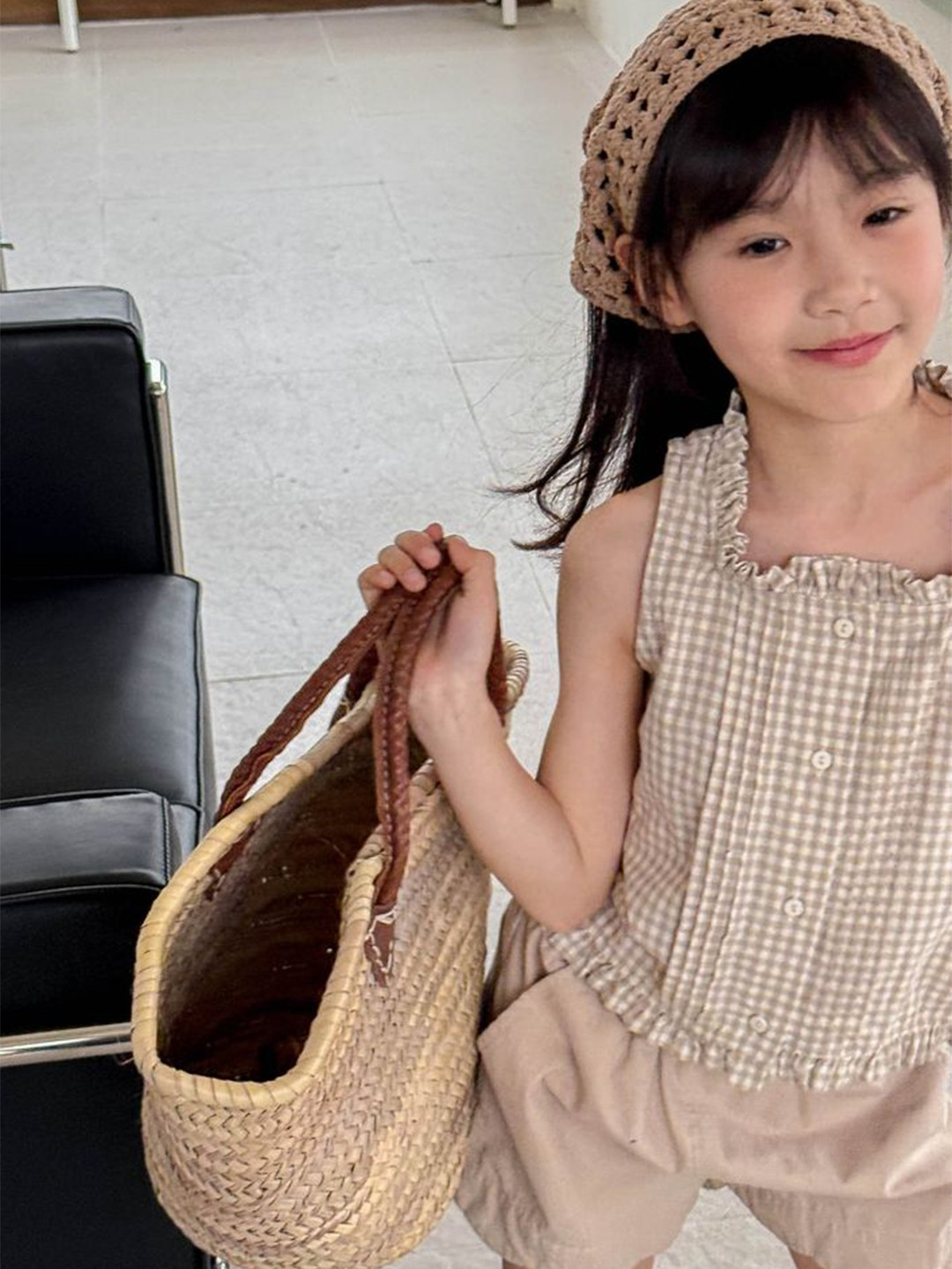 LULU & SKY Girls Checked Round Neck Sleeveless Ruffles Detail Cotton Top