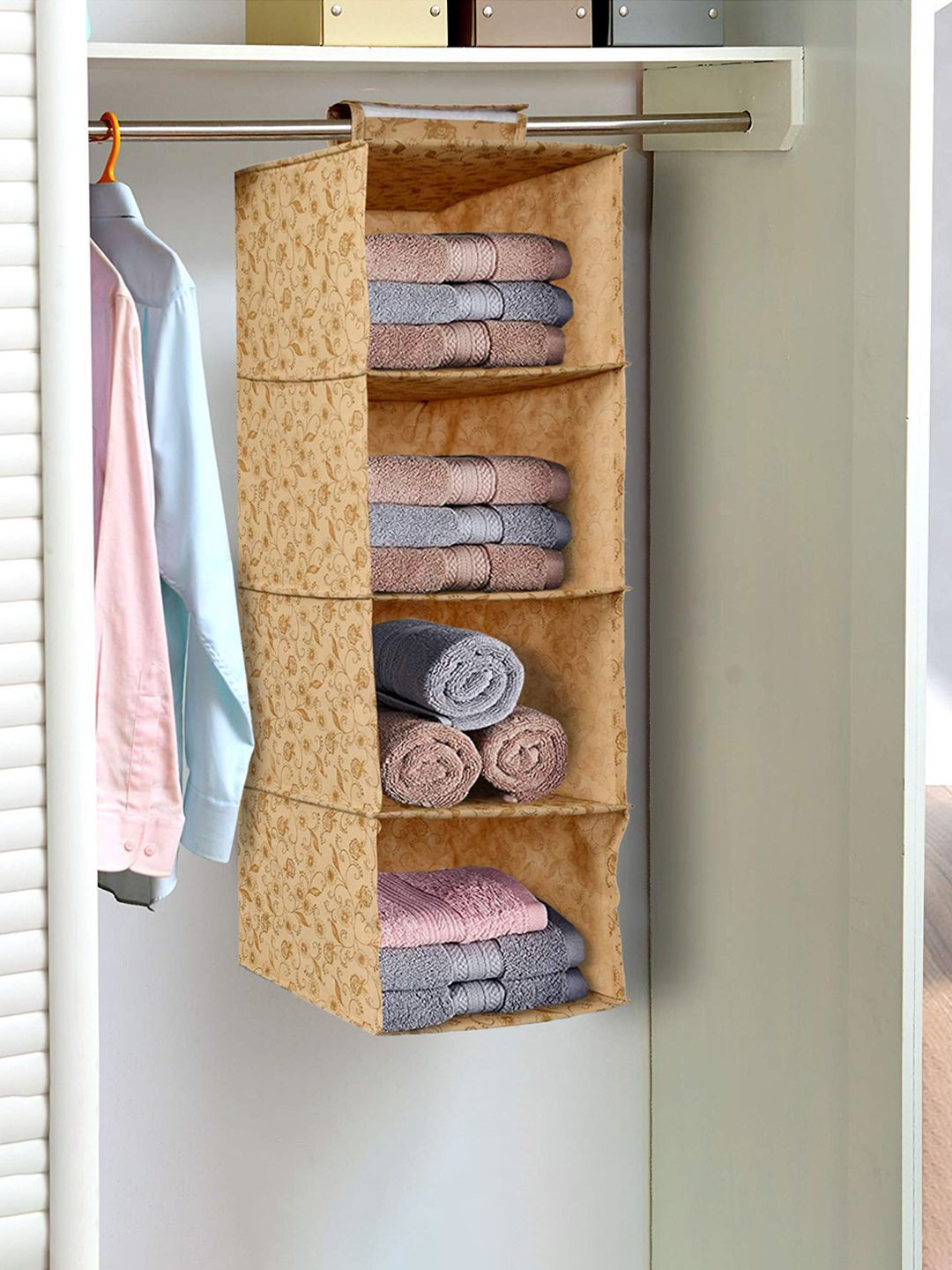 Kuber Industries Beige & Brown 2 Pieces Printed 4 Shelves Foldable Drawer Organisers