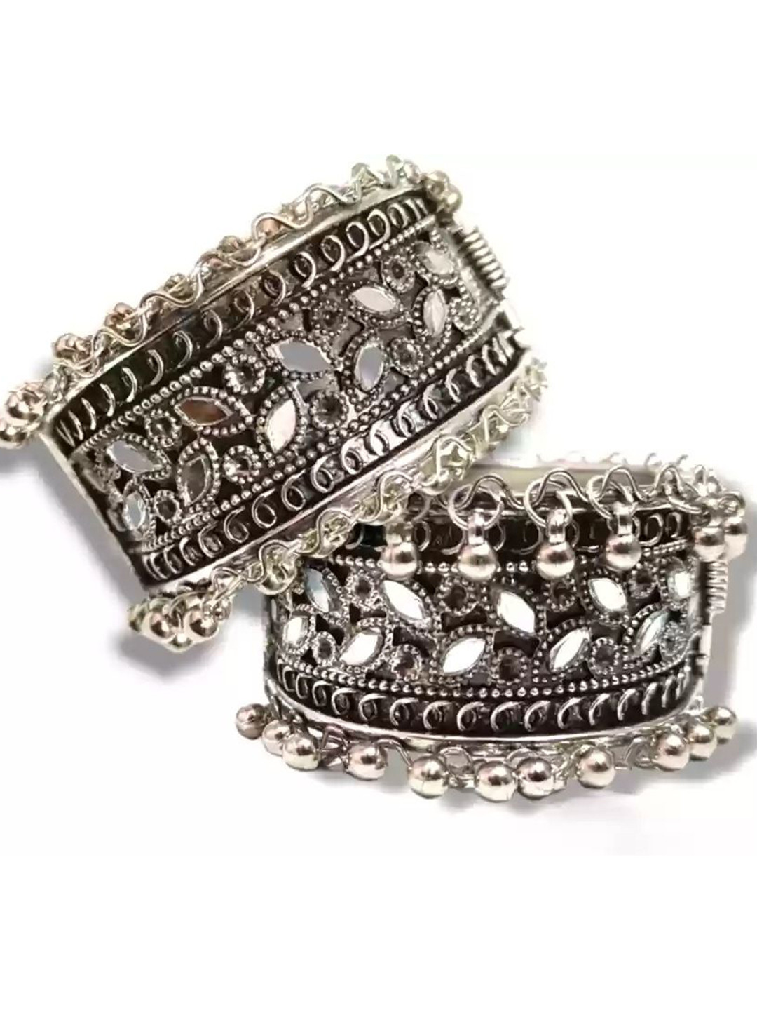 Sangria Set Of 2 Silver Plated Kundan Beaded Cuff Bracelets