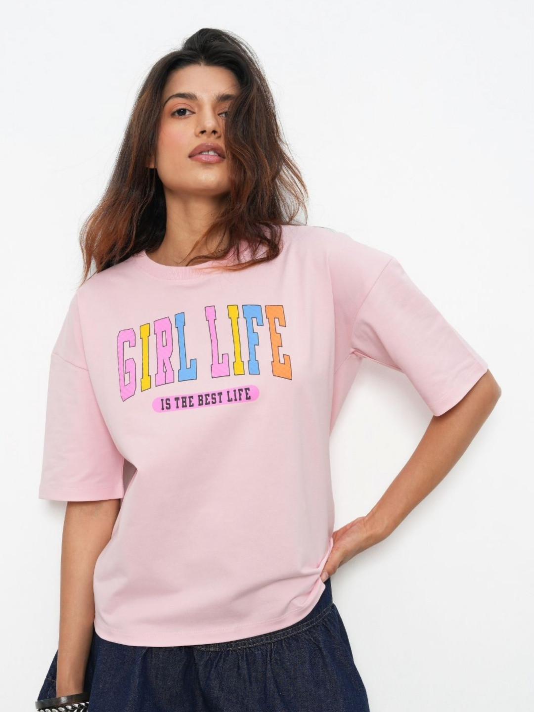 Bonnaty Women Pink Printed Relaxed Fit Cotton Tshirt
