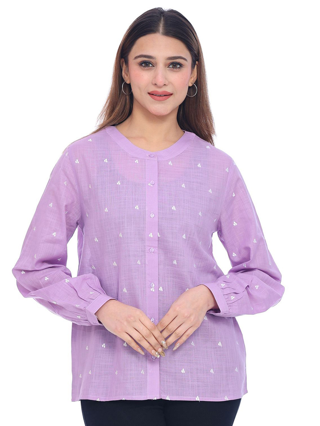 Moda Elementi Polka Dot Print Cotton Cuffed Sleeves Shirt Style Top