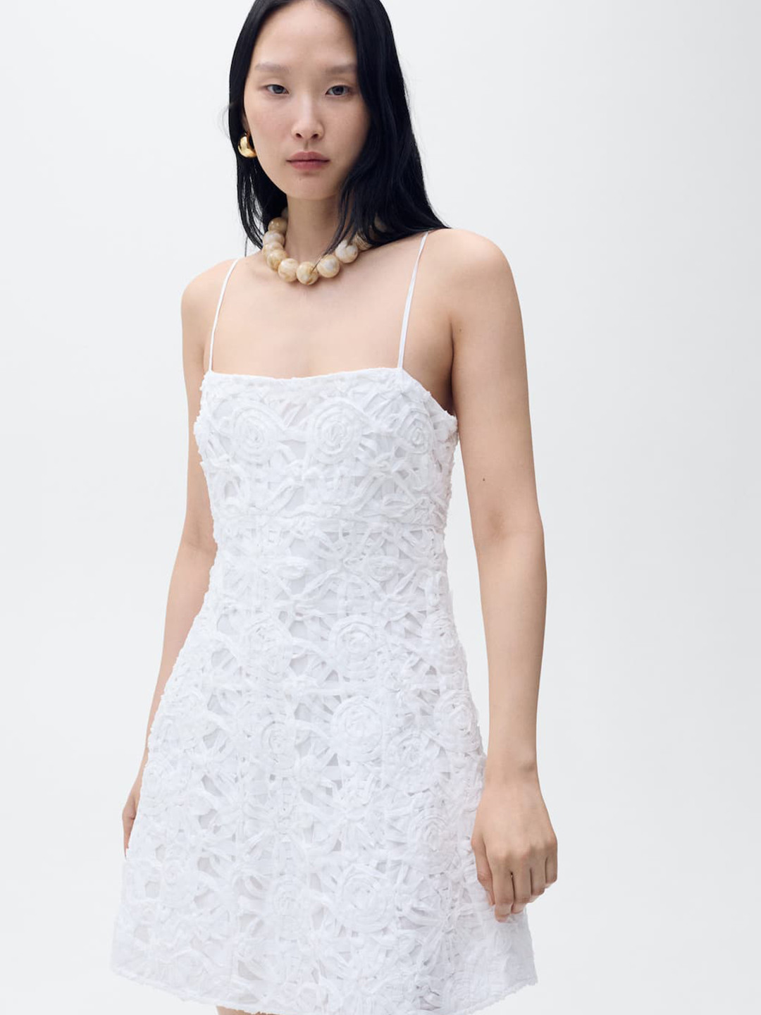 MANGO Floral Textured A-Line Mini Dress with Adjustable Straps