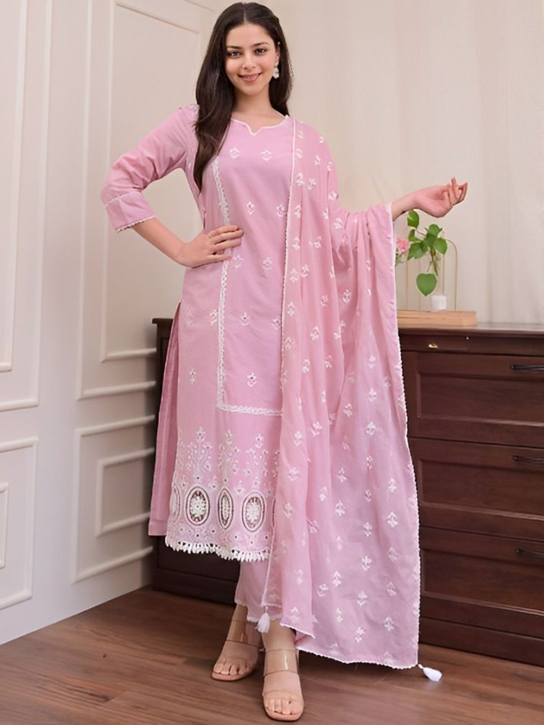 Kiana House Of Fashion Floral Printed Notch Neck Straight Kurta With Trouser And Dupatta