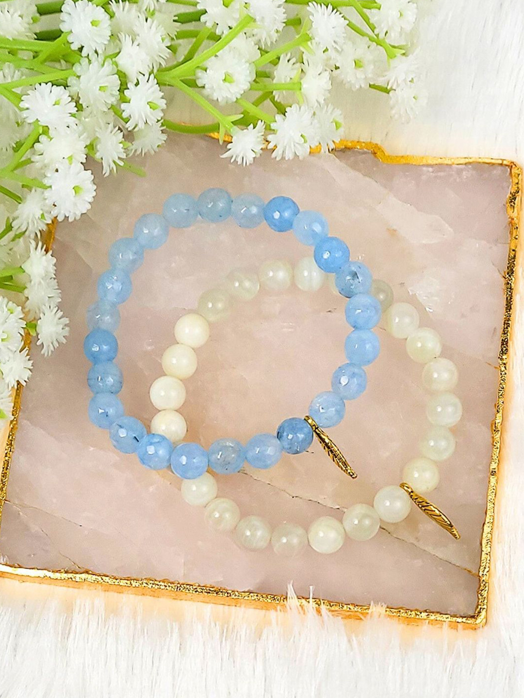 Calminds Unisex Set Of 2 Moonstone & Aquamarine Bracelet Set