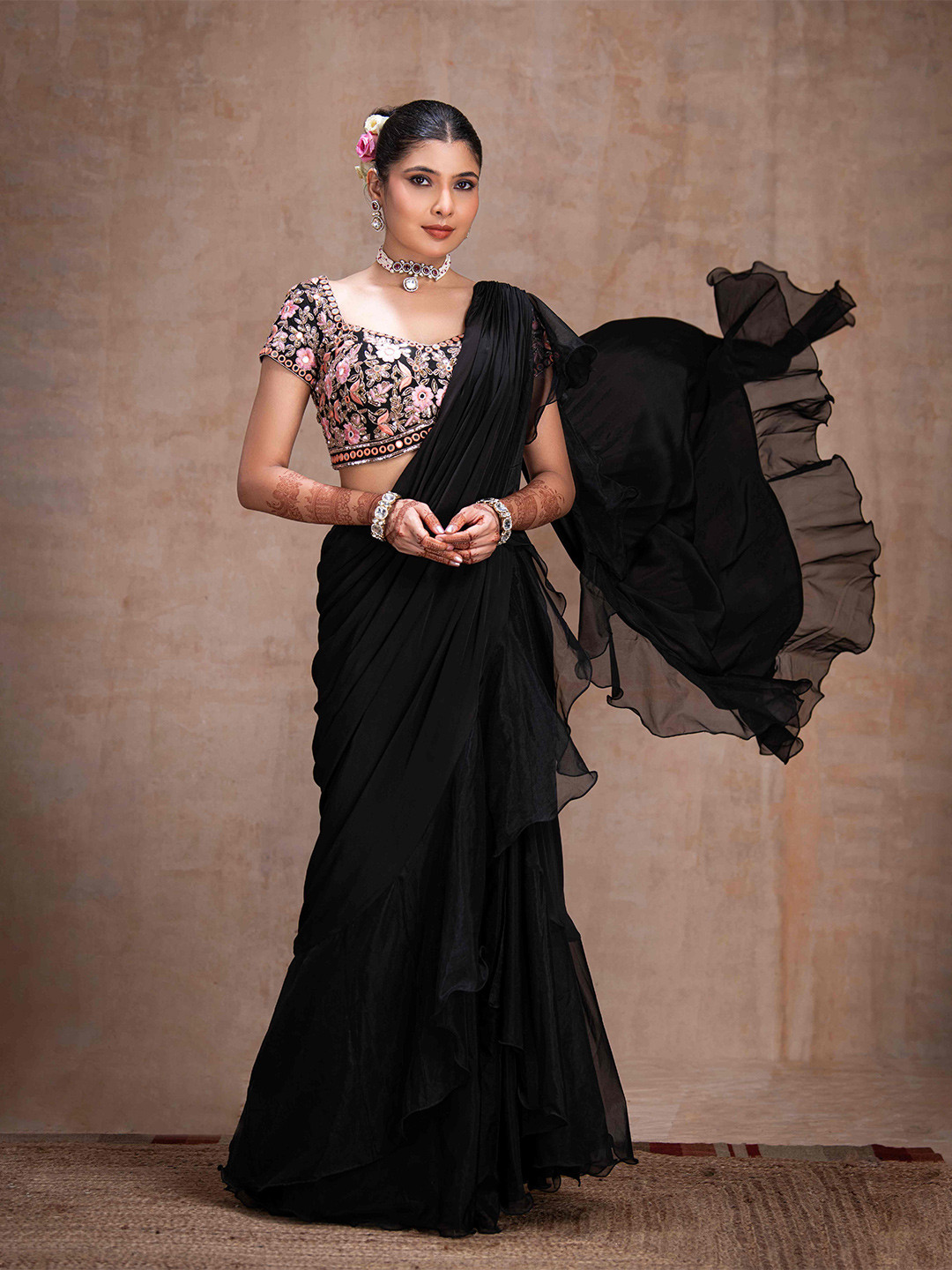 The Front Row  Solid Print Pure Crepe Ruffles Saree