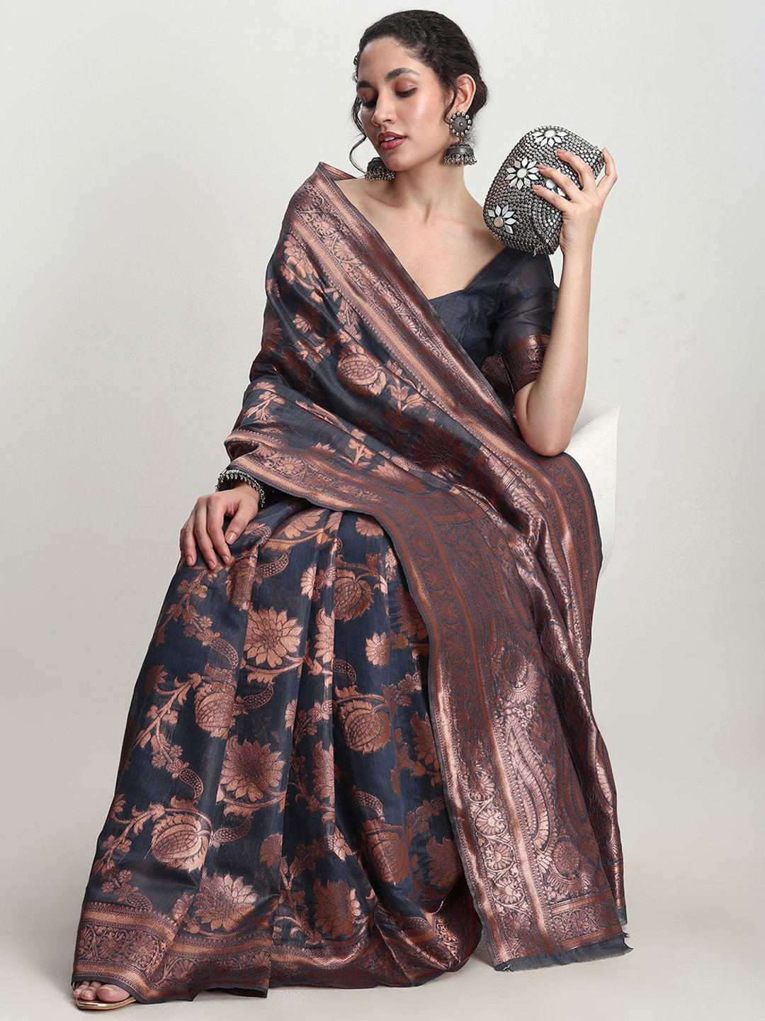 Janasya Women Dark Grey Silk Blend Floral Woven Design Jacquard Saree