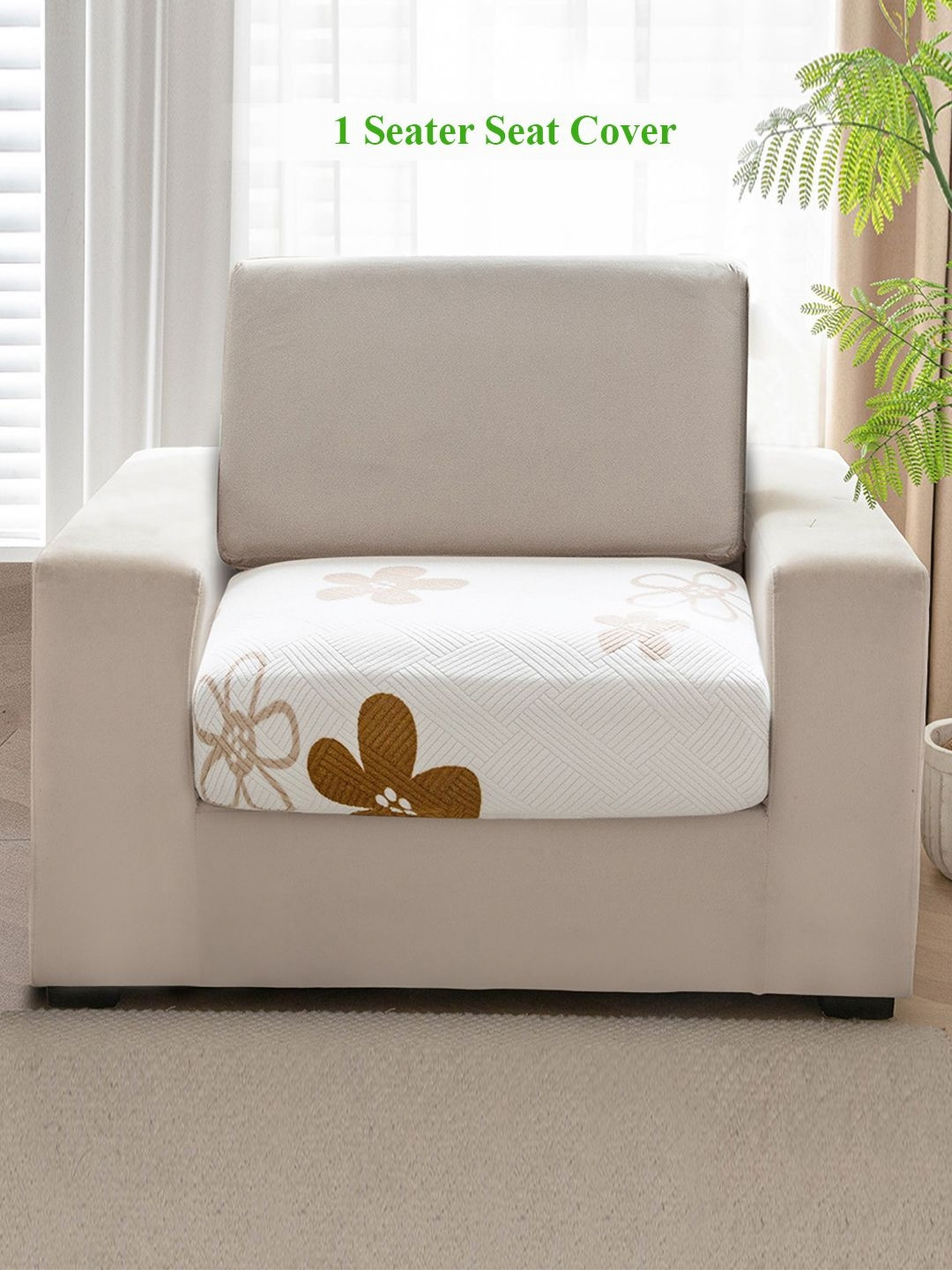 HOKIPO Brown & White Floral Printed Fleece 1 Seater Sofa Seat Cover