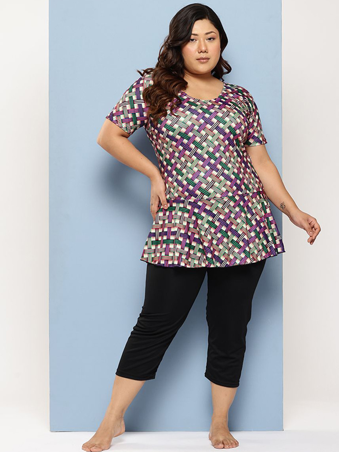 Aarika Checked Printed Plus Size Swim Suit With Swim Cap