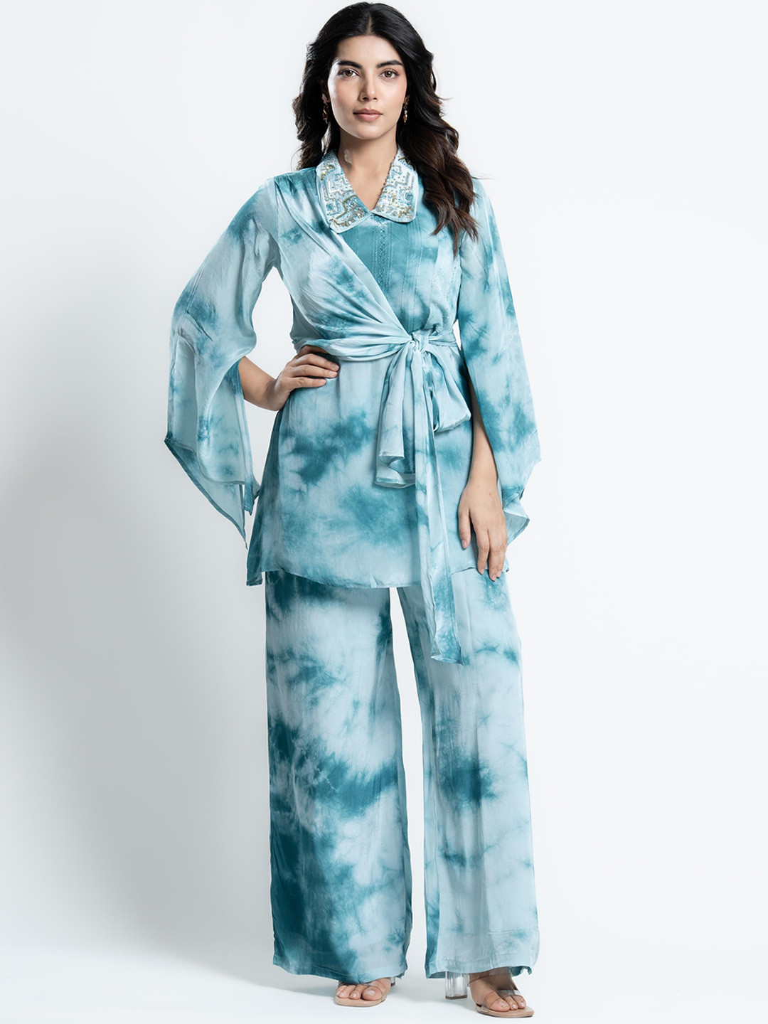 WEAVING CULT Tie & Dye Printed Tie-Up Panel Top & Palazzos Co-Ord Set