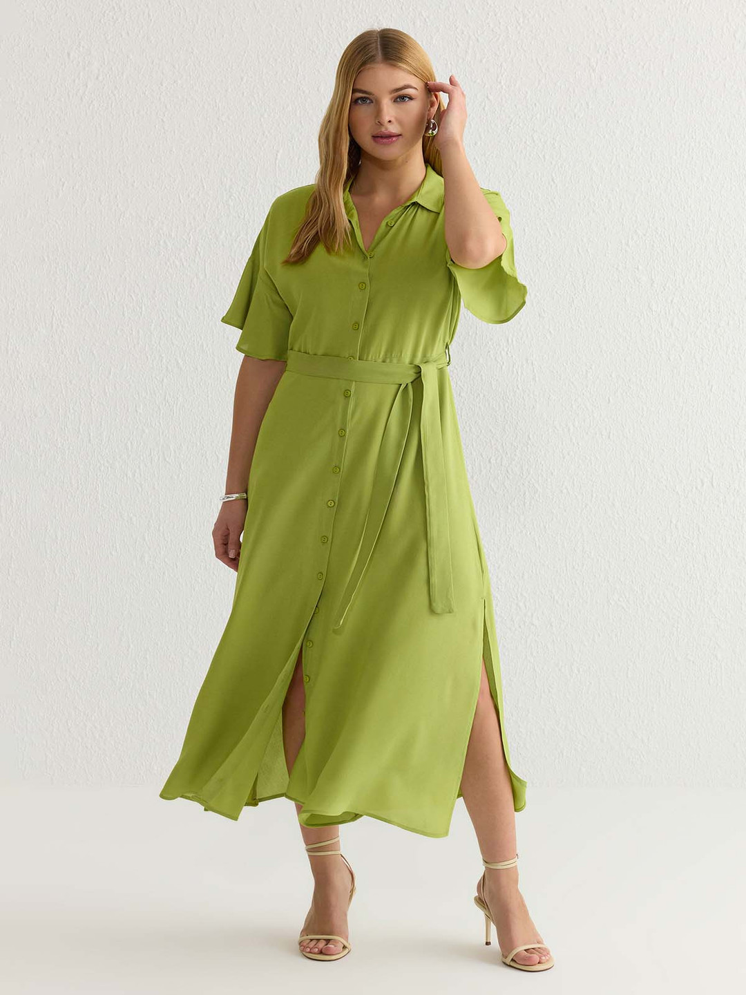Trendyol Ya Yeil Women Shirt Collar Shirt Midi Dress