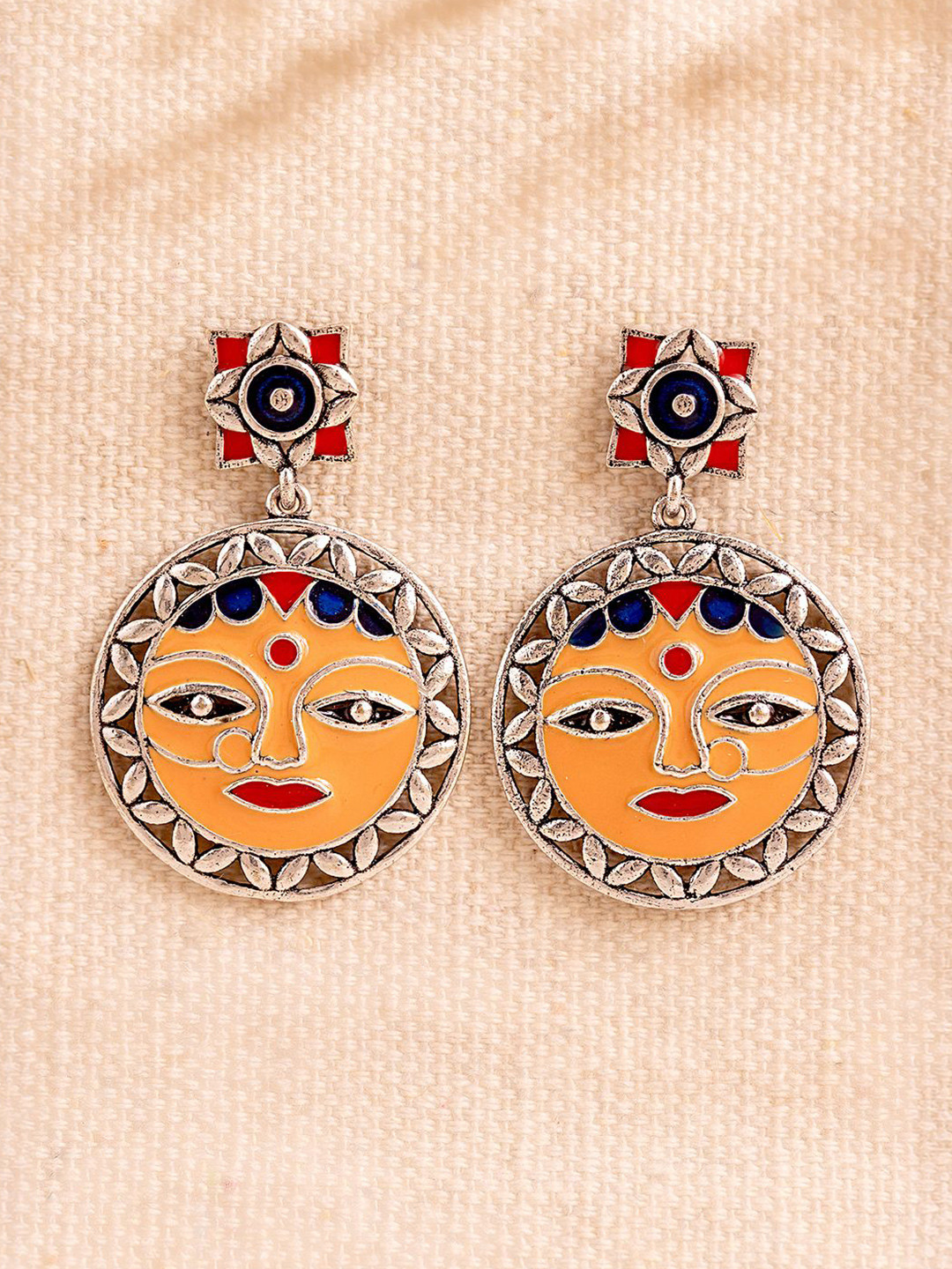 Madhubani Mithila Mukha Oxidised Enamel Earrings
