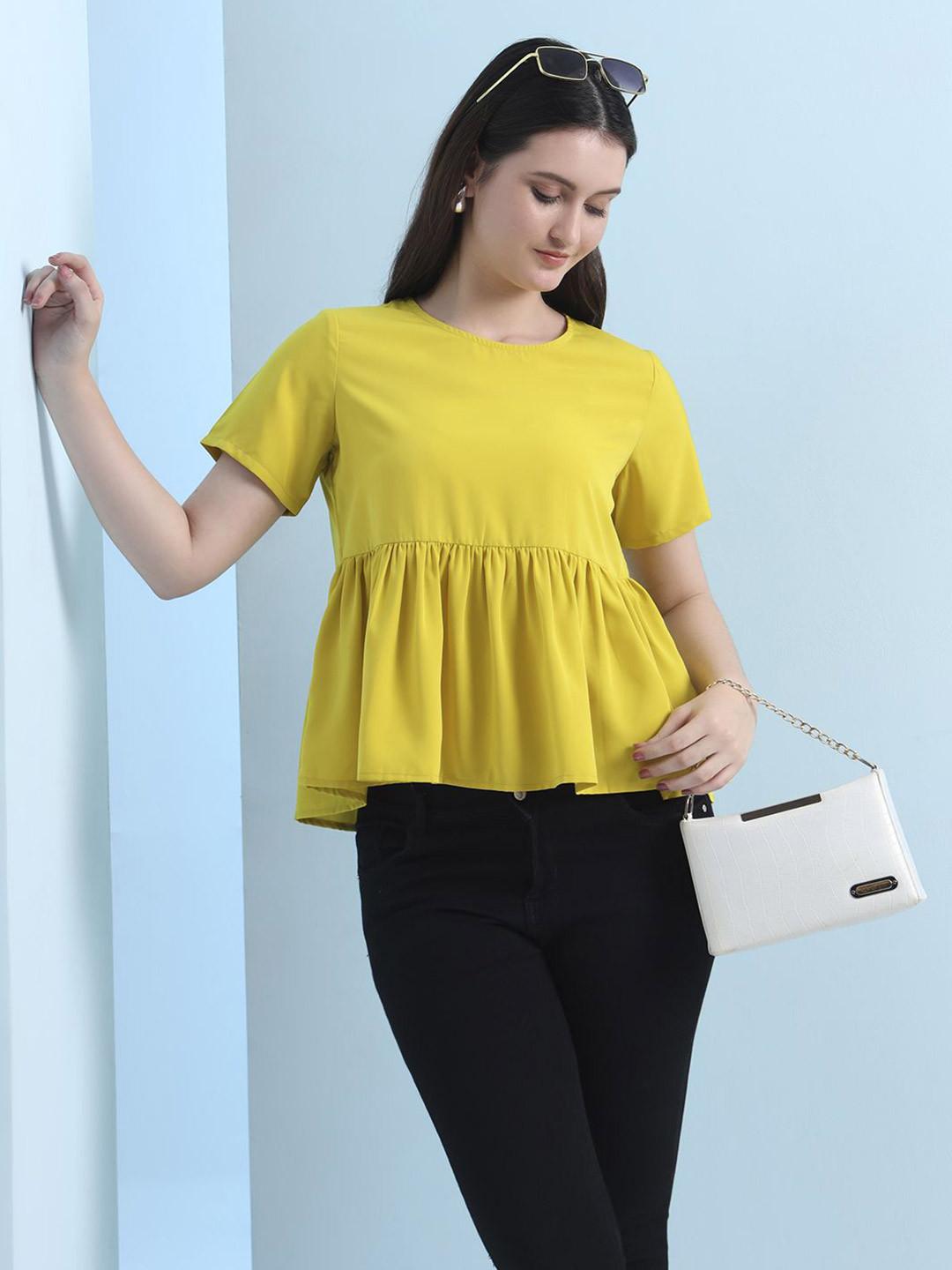 FITHUB Women Solid Gathered or Pleated Round Neck Empire Top