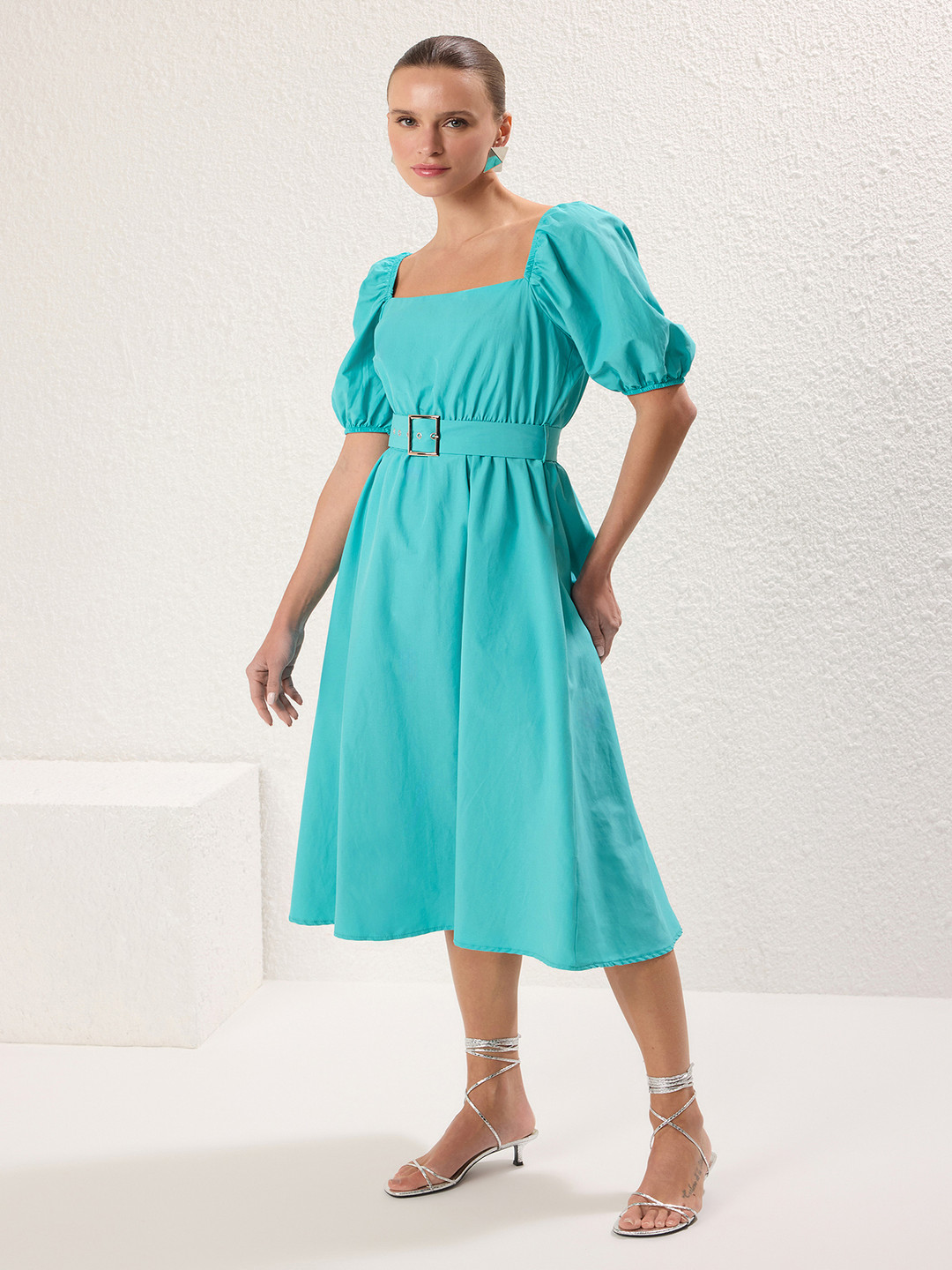 Trendyol Women Puff Sleeve Fit & Flare Midi Dress