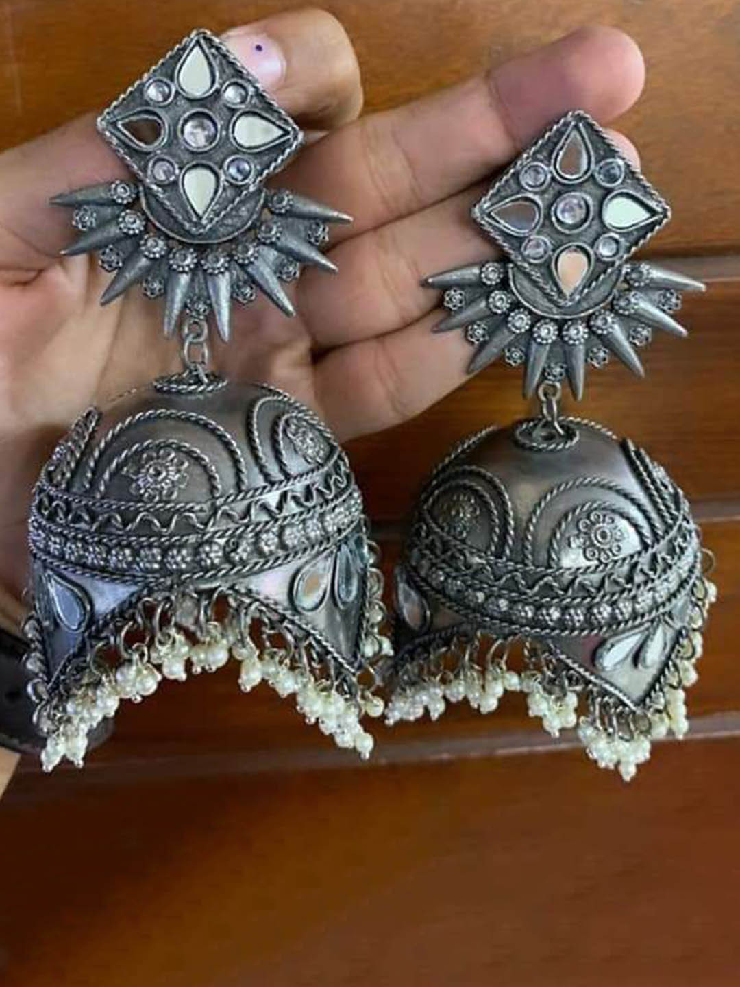 Sangria Artificial Studded & Beaded Oxidised Dome Shaped Jhumkas