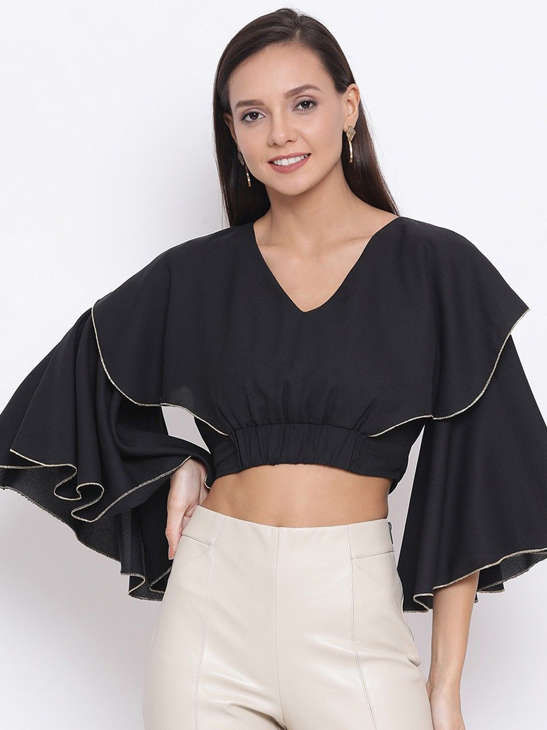OTIRA Women Solid Black V-Neck Flared Sleeve Crop Top