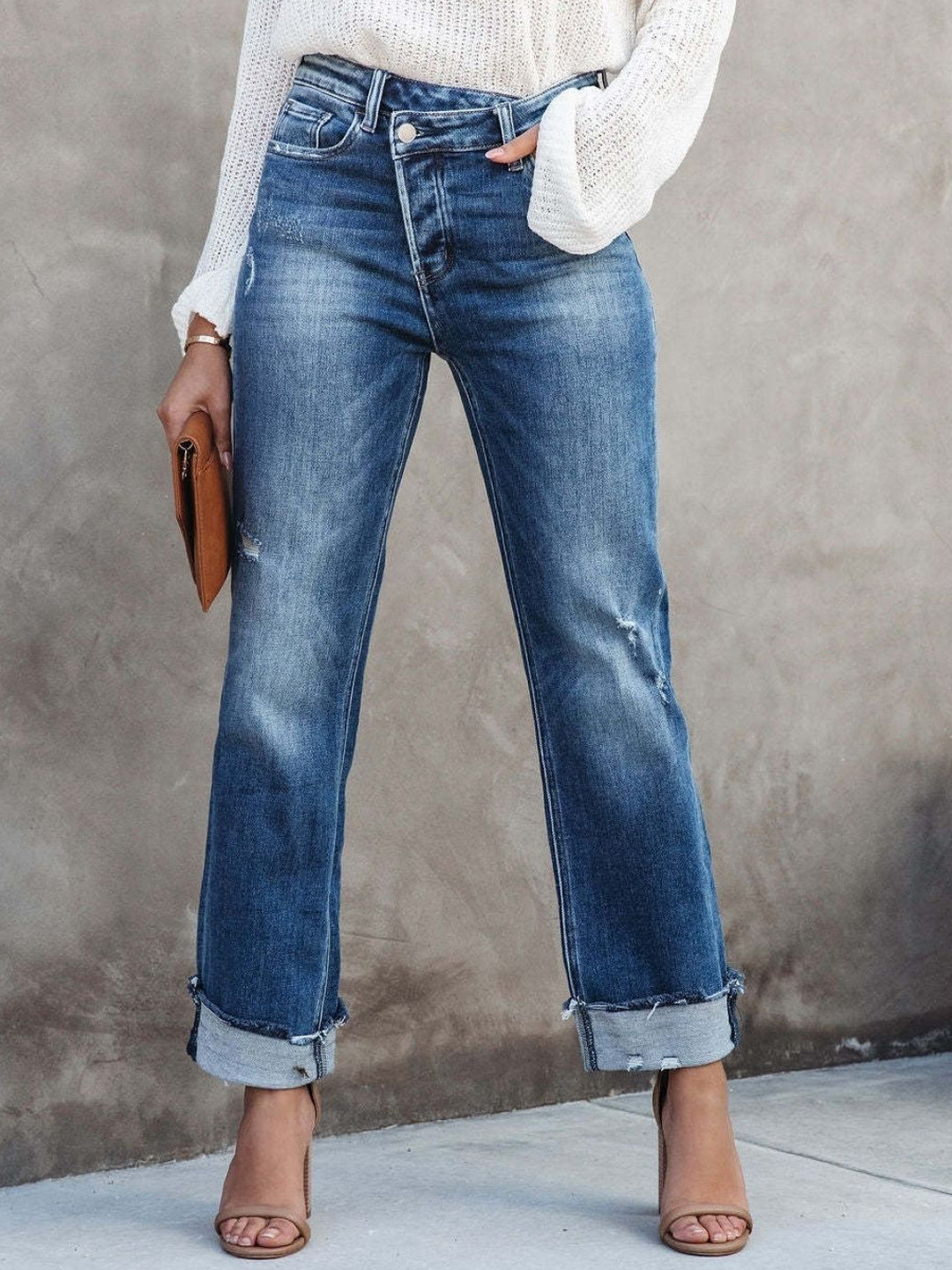 bebe Denim High Waist Straight Fit Jeans with Frayed Cuffs