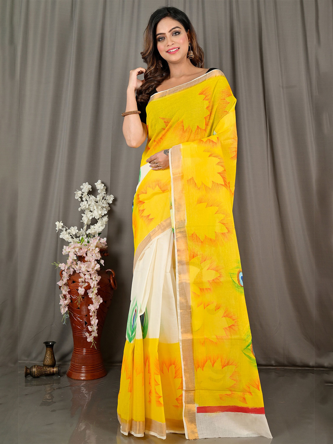 DipDiya Ethnic Motifs Printed Pure Cotton Hataka Design Bengali Traditional Saree