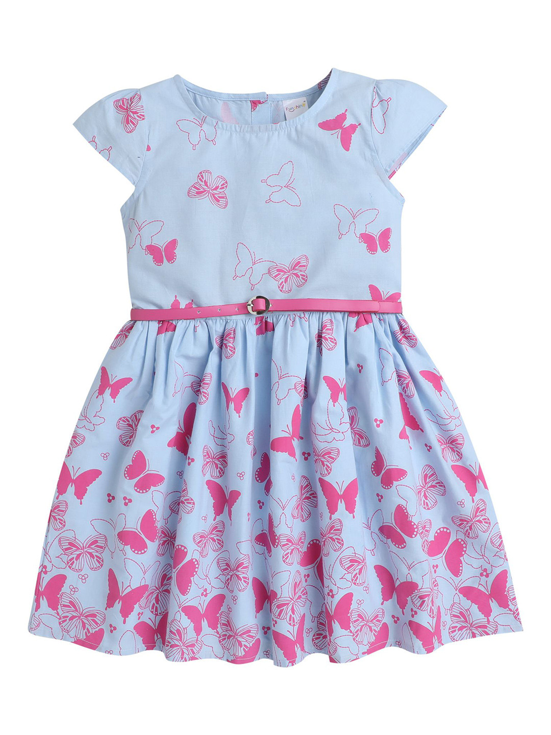 Funshine Girls Cotton Butterfly Print Blue Dress with Belt