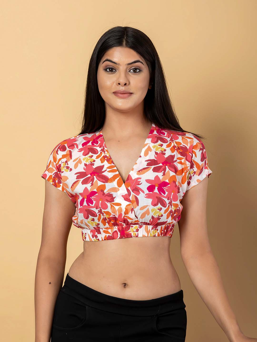 CORSICA Women Floral Print Cotton Blouson Wrap Crop Top