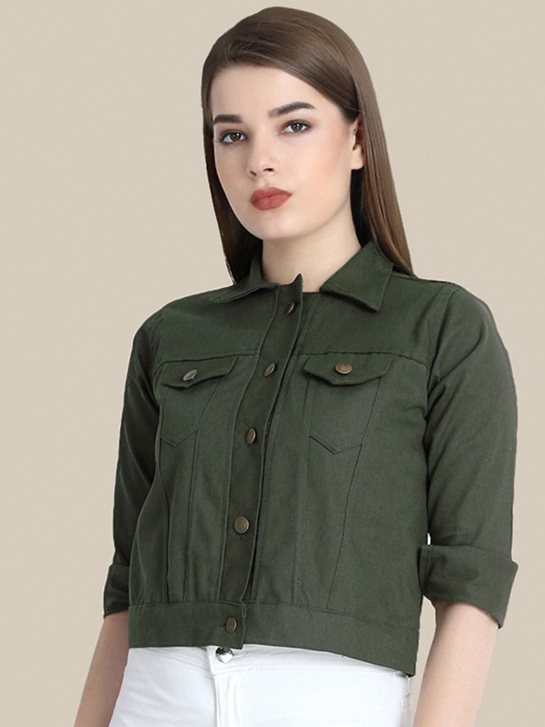 QIOA Women Solid Lightweight Front Button Denim Jacket