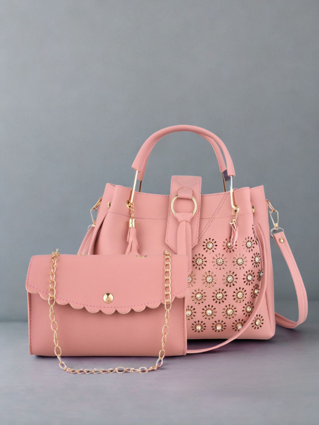LIKE STYLE Embellished PU 2 Pieces Structured Shoulder Bag With Cut Work