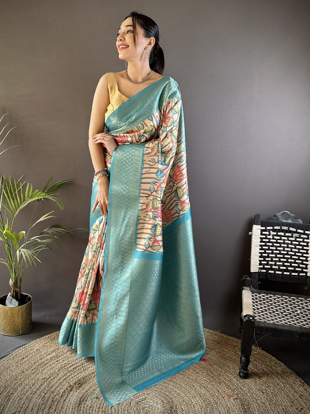 Panzora Floral Printed Zari Work Paithani Saree With Unstitched Blouse Piece