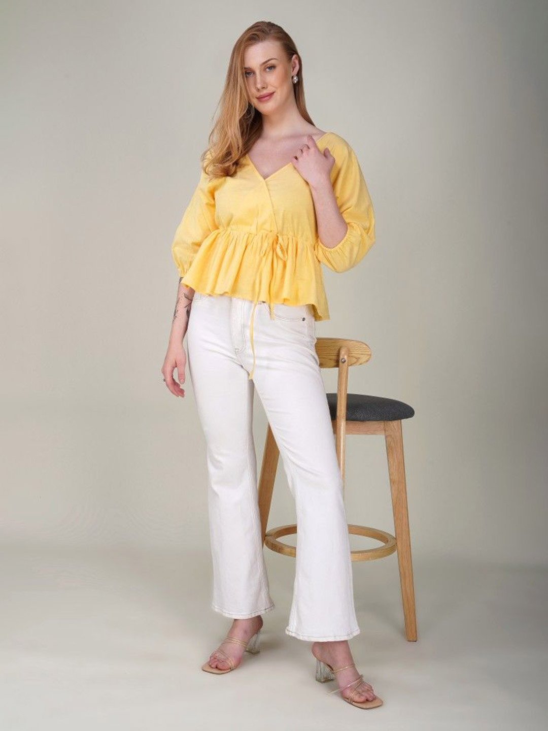 Avor Lifestyle Women Solid Gathered or Pleated V-Neck Cotton Empire Top
