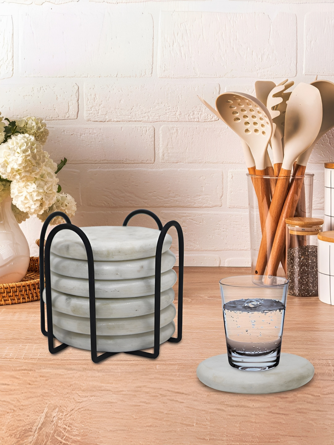 Metalsmith Set Of 6 White Round Marble Coasters