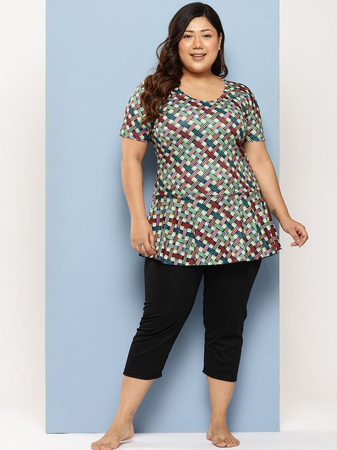 Aarika Checked Checked Plus Size Round Neck Swim Suit With Goggle
